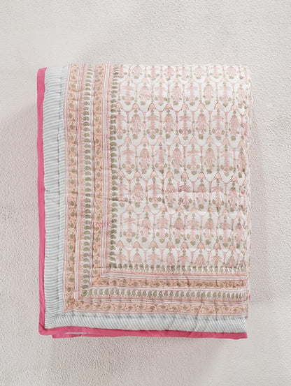 Pastel Pink Indian Jaipuri Traditional Cotton Hand Block Kantha Razai