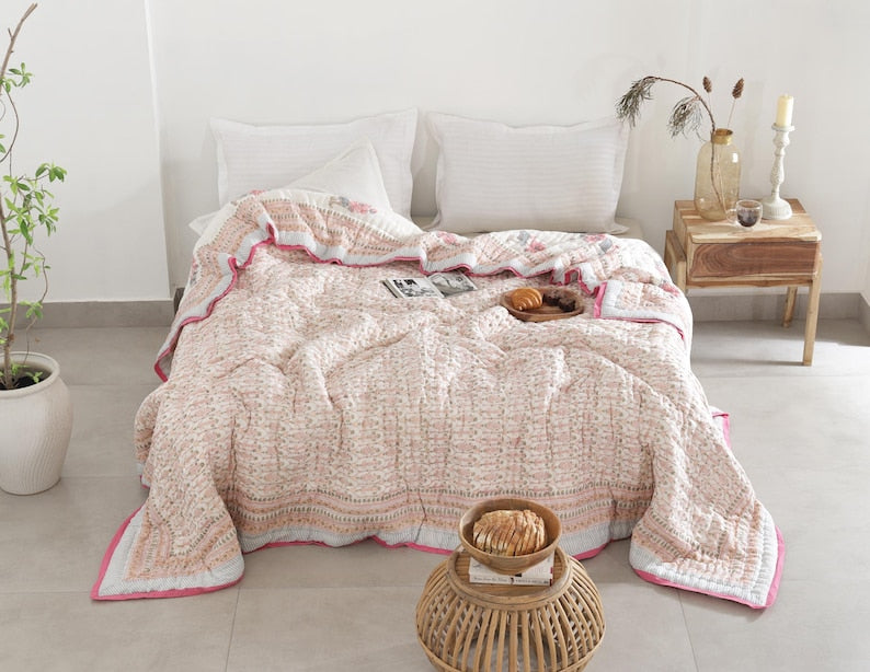 Pastel Pink Indian Jaipuri Traditional Cotton Hand Block Kantha Razai
