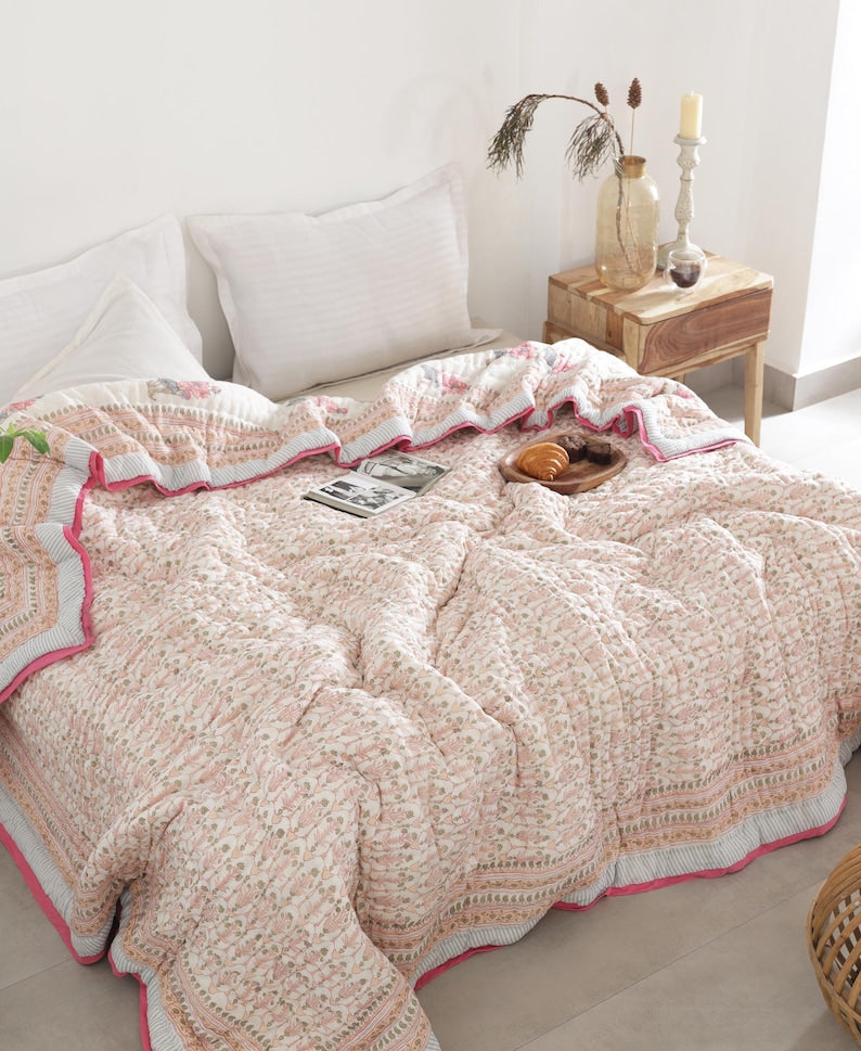 Pastel Pink Indian Jaipuri Traditional Cotton Hand Block Kantha Razai