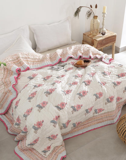 Pastel Pink Indian Jaipuri Traditional Cotton Hand Block Kantha Razai