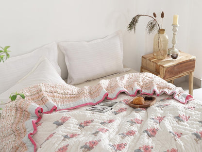 Pastel Pink Indian Jaipuri Traditional Cotton Hand Block Kantha Razai