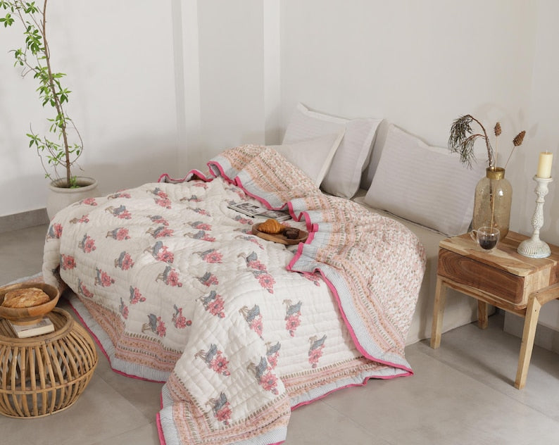 Pastel Pink Indian Jaipuri Traditional Cotton Hand Block Kantha Razai