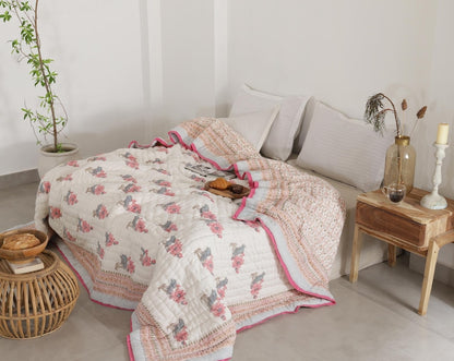 Pastel Pink Indian Jaipuri Traditional Cotton Hand Block Kantha Razai