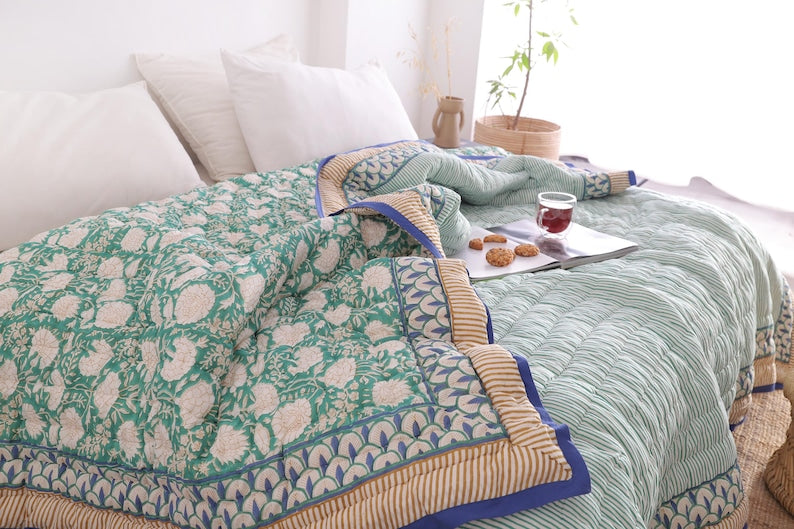 Moss Green Lightweight Cotton Hand Block Reversible Kantha Quilt