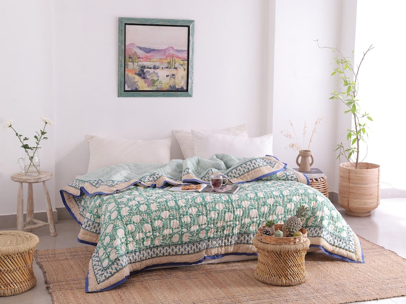 Moss Green Lightweight Cotton Hand Block Reversible Kantha Quilt
