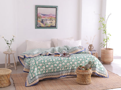 Moss Green Lightweight Cotton Hand Block Reversible Kantha Quilt