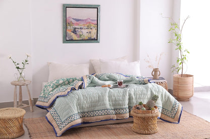 Moss Green Lightweight Cotton Hand Block Reversible Kantha Quilt