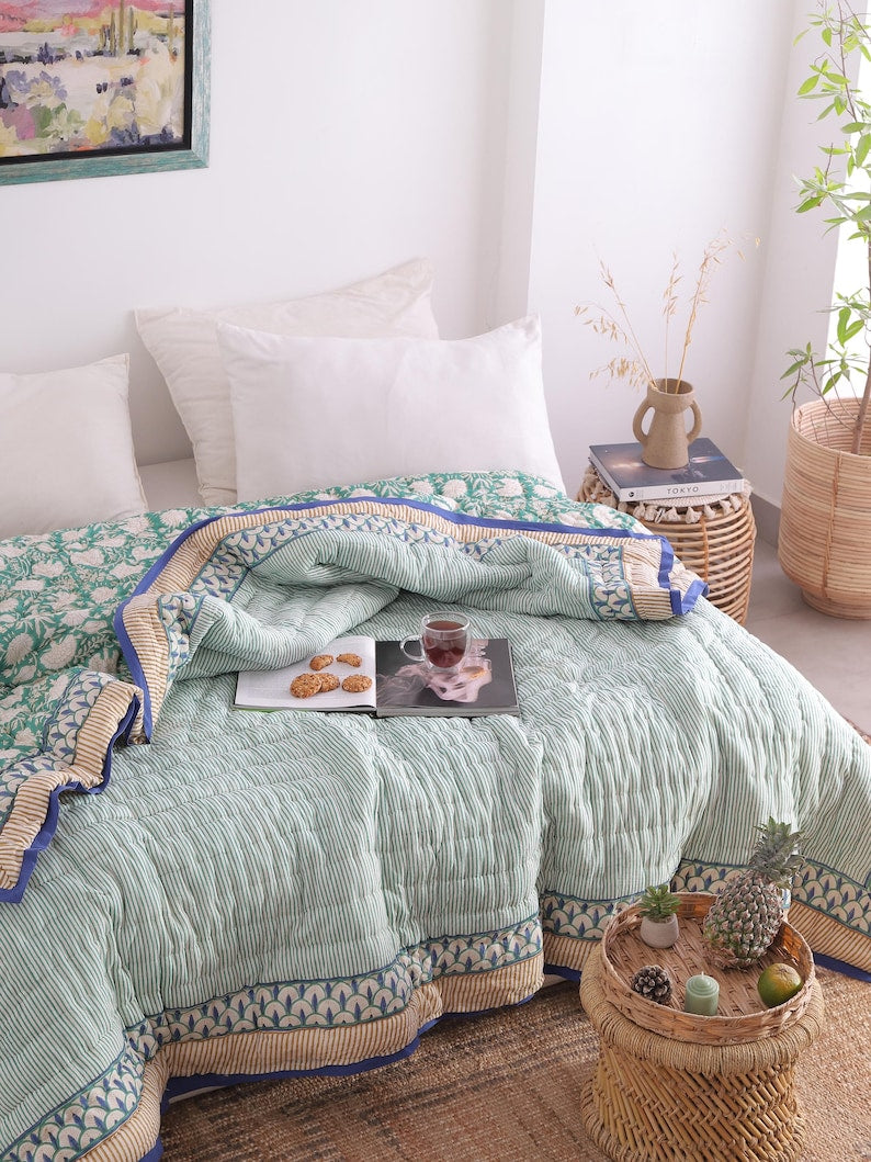 Moss Green Lightweight Cotton Hand Block Reversible Kantha Quilt