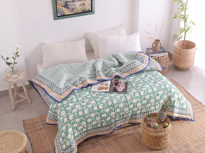 Moss Green Lightweight Cotton Hand Block Reversible Kantha Quilt