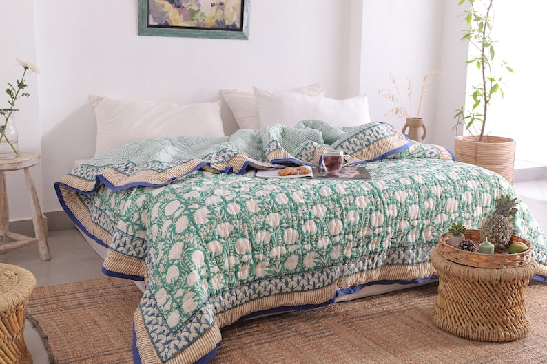 Moss Green Lightweight Cotton Hand Block Reversible Kantha Quilt
