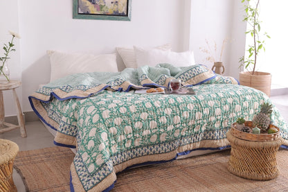 Moss Green Lightweight Cotton Hand Block Reversible Kantha Quilt