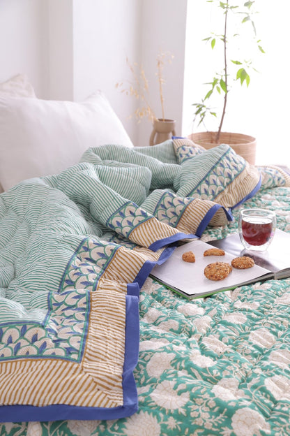 Moss Green Lightweight Cotton Hand Block Reversible Kantha Quilt