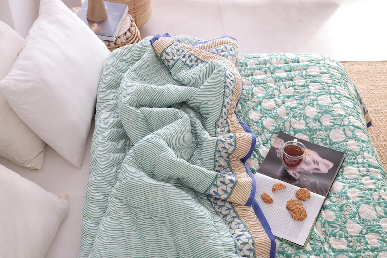 Moss Green Lightweight Cotton Hand Block Reversible Kantha Quilt