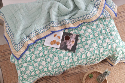 Moss Green Lightweight Cotton Hand Block Reversible Kantha Quilt