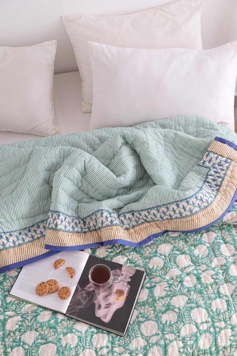 Moss Green Lightweight Cotton Hand Block Reversible Kantha Quilt