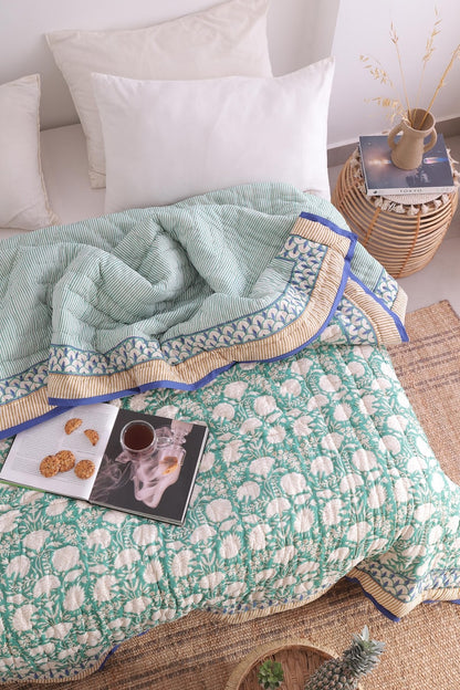Moss Green Lightweight Cotton Hand Block Reversible Kantha Quilt