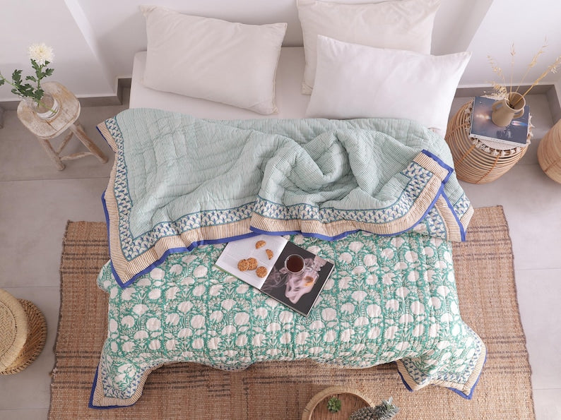 Moss Green Lightweight Cotton Hand Block Reversible Kantha Quilt