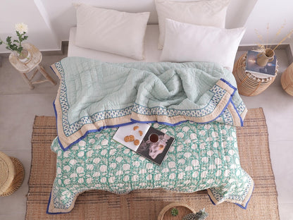 Moss Green Lightweight Cotton Hand Block Reversible Kantha Quilt