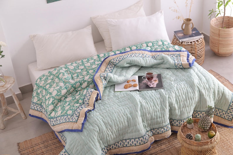 Moss Green Lightweight Cotton Hand Block Reversible Kantha Quilt