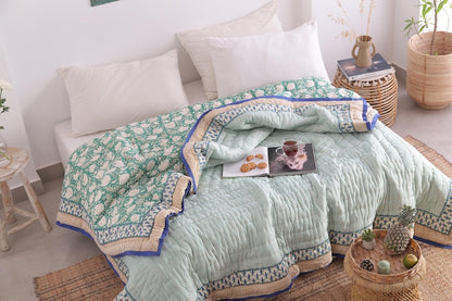 Moss Green Lightweight Cotton Hand Block Reversible Kantha Quilt