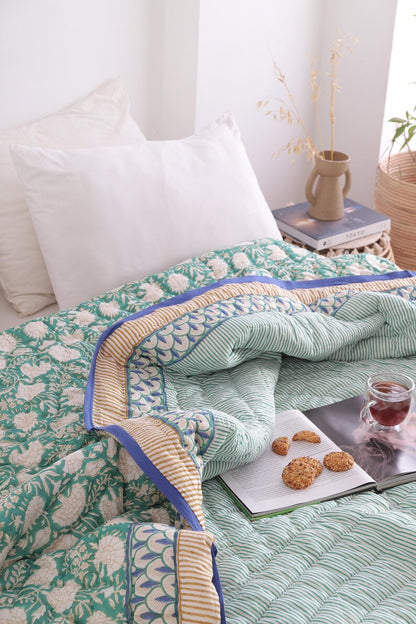 Moss Green Lightweight Cotton Hand Block Reversible Kantha Quilt