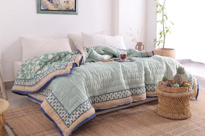 Moss Green Lightweight Cotton Hand Block Reversible Kantha Quilt