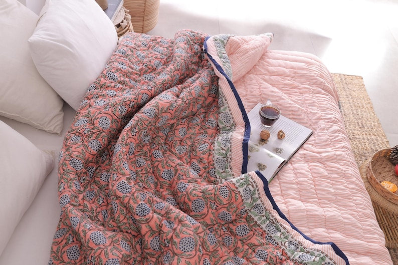 Salmon Pink Reversible Soft Hand Block Printed Razai- Cotton Doonas For Bed
