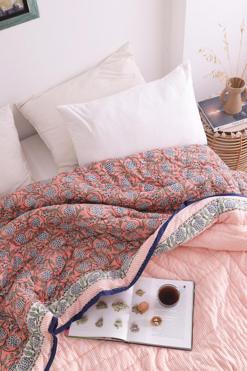 Salmon Pink Reversible Soft Hand Block Printed Razai- Cotton Doonas For Bed