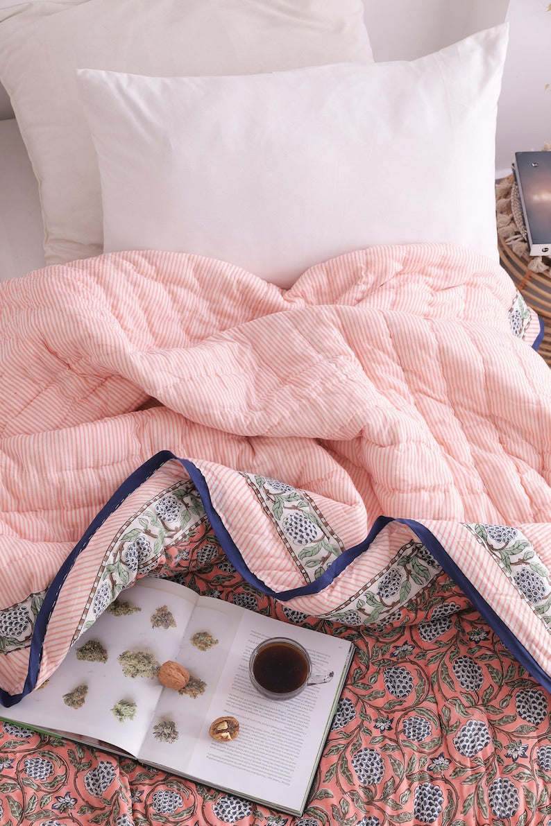 Salmon Pink Reversible Soft Hand Block Printed Razai- Cotton Doonas For Bed