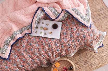 Salmon Pink Reversible Soft Hand Block Printed Razai- Cotton Doonas For Bed