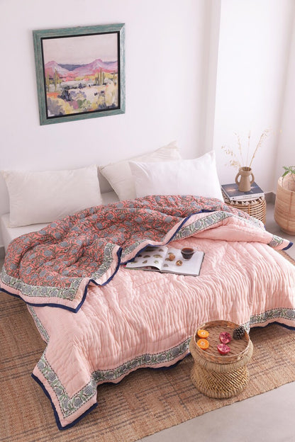 Salmon Pink Reversible Soft Hand Block Printed Razai- Cotton Doonas For Bed