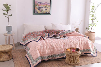 Salmon Pink Reversible Soft Hand Block Printed Razai- Cotton Doonas For Bed