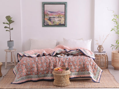 Salmon Pink Reversible Soft Hand Block Printed Razai- Cotton Doonas For Bed