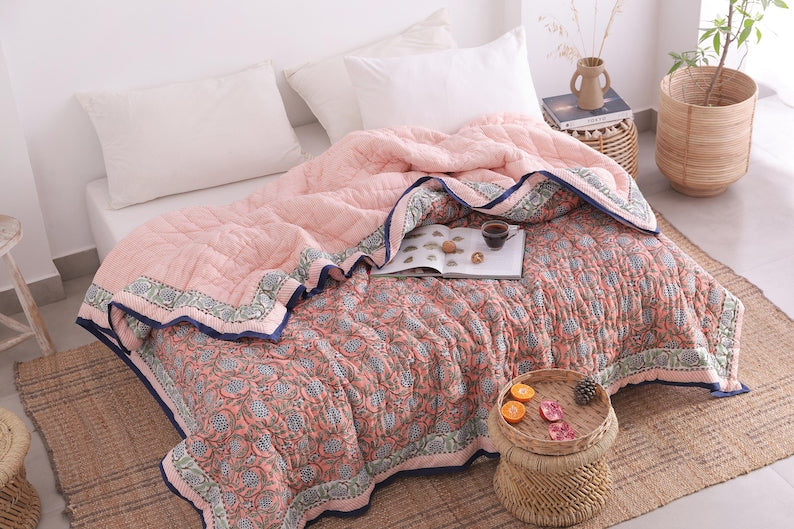 Salmon Pink Reversible Soft Hand Block Printed Razai- Cotton Doonas For Bed