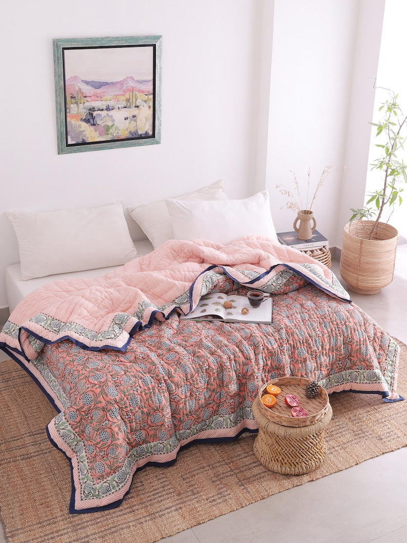 Salmon Pink Reversible Soft Hand Block Printed Razai- Cotton Doonas For Bed