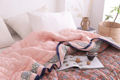 Salmon Pink Reversible Soft Hand Block Printed Razai- Cotton Doonas For Bed