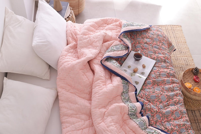 Salmon Pink Reversible Soft Hand Block Printed Razai- Cotton Doonas For Bed
