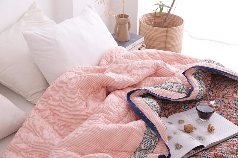 Salmon Pink Reversible Soft Hand Block Printed Razai- Cotton Doonas For Bed