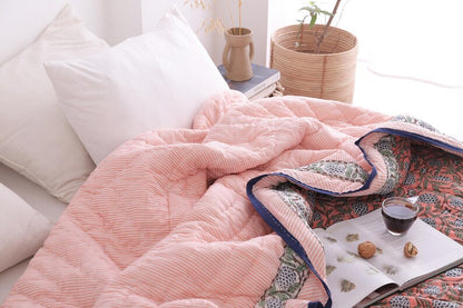 Salmon Pink Reversible Soft Hand Block Printed Razai- Cotton Doonas For Bed
