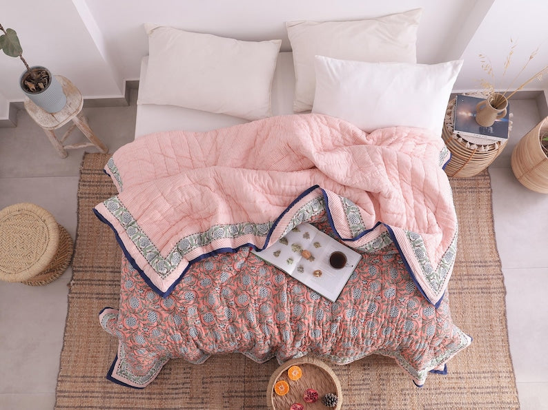 Salmon Pink Reversible Soft Hand Block Printed Razai- Cotton Doonas For Bed