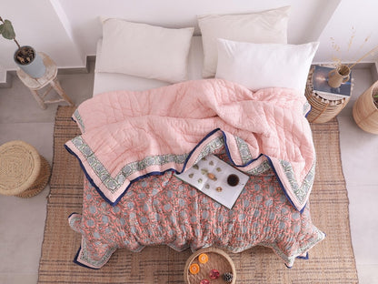 Salmon Pink Reversible Soft Hand Block Printed Razai- Cotton Doonas For Bed