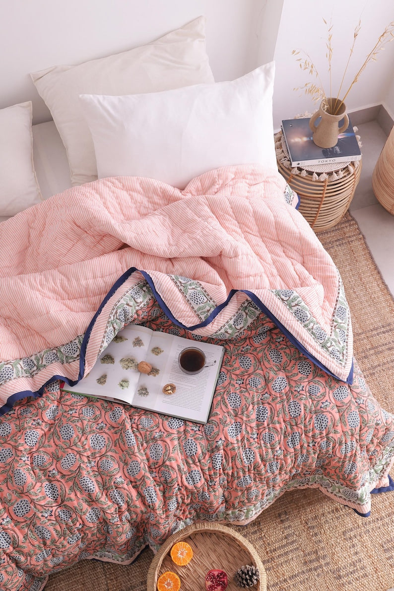 Salmon Pink Reversible Soft Hand Block Printed Razai- Cotton Doonas For Bed