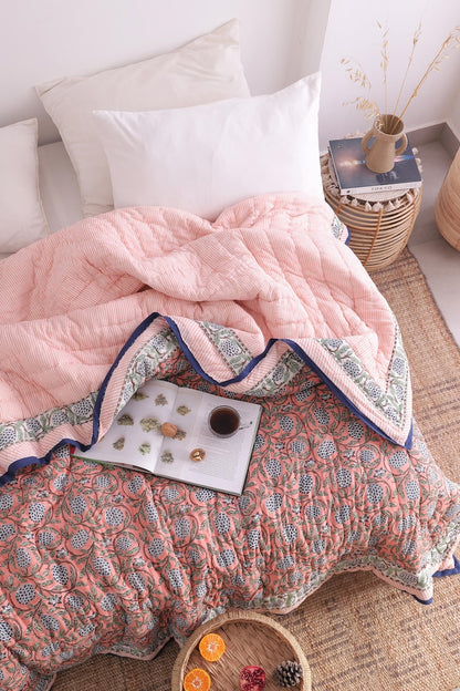 Salmon Pink Reversible Soft Hand Block Printed Razai- Cotton Doonas For Bed