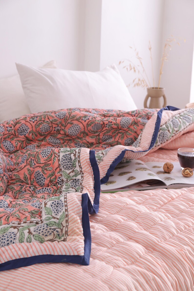 Salmon Pink Reversible Soft Hand Block Printed Razai- Cotton Doonas For Bed