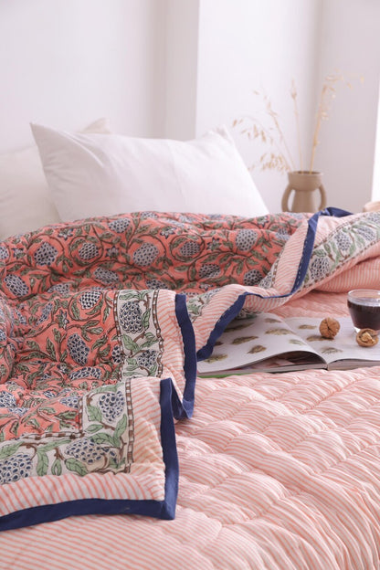 Salmon Pink Reversible Soft Hand Block Printed Razai- Cotton Doonas For Bed