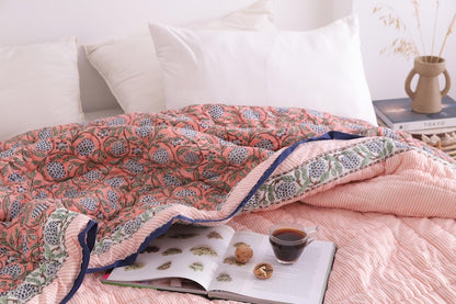 Salmon Pink Reversible Soft Hand Block Printed Razai- Cotton Doonas For Bed