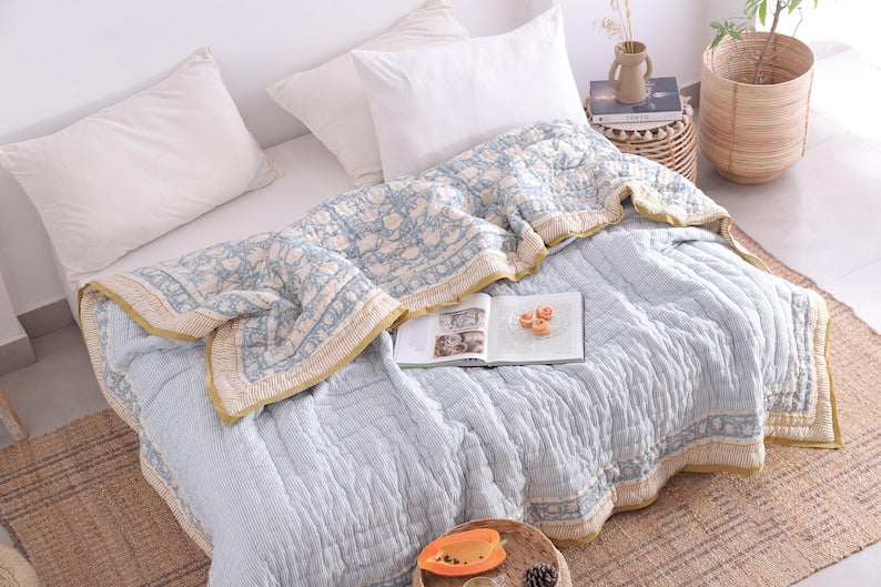 Hand Block Printed Dusty Blue Cotton Reversible Doonas