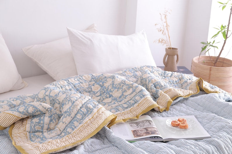 Hand Block Printed Dusty Blue Cotton Reversible Doonas