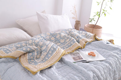 Hand Block Printed Dusty Blue Cotton Reversible Doonas
