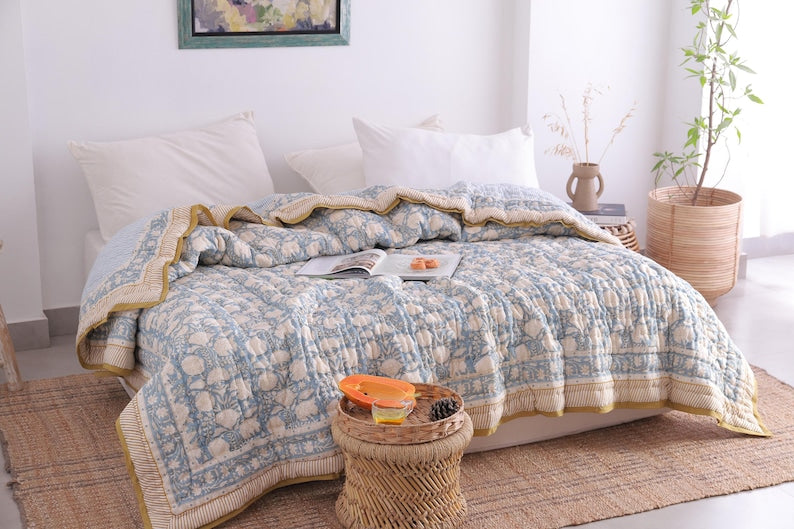 Hand Block Printed Dusty Blue Cotton Reversible Doonas